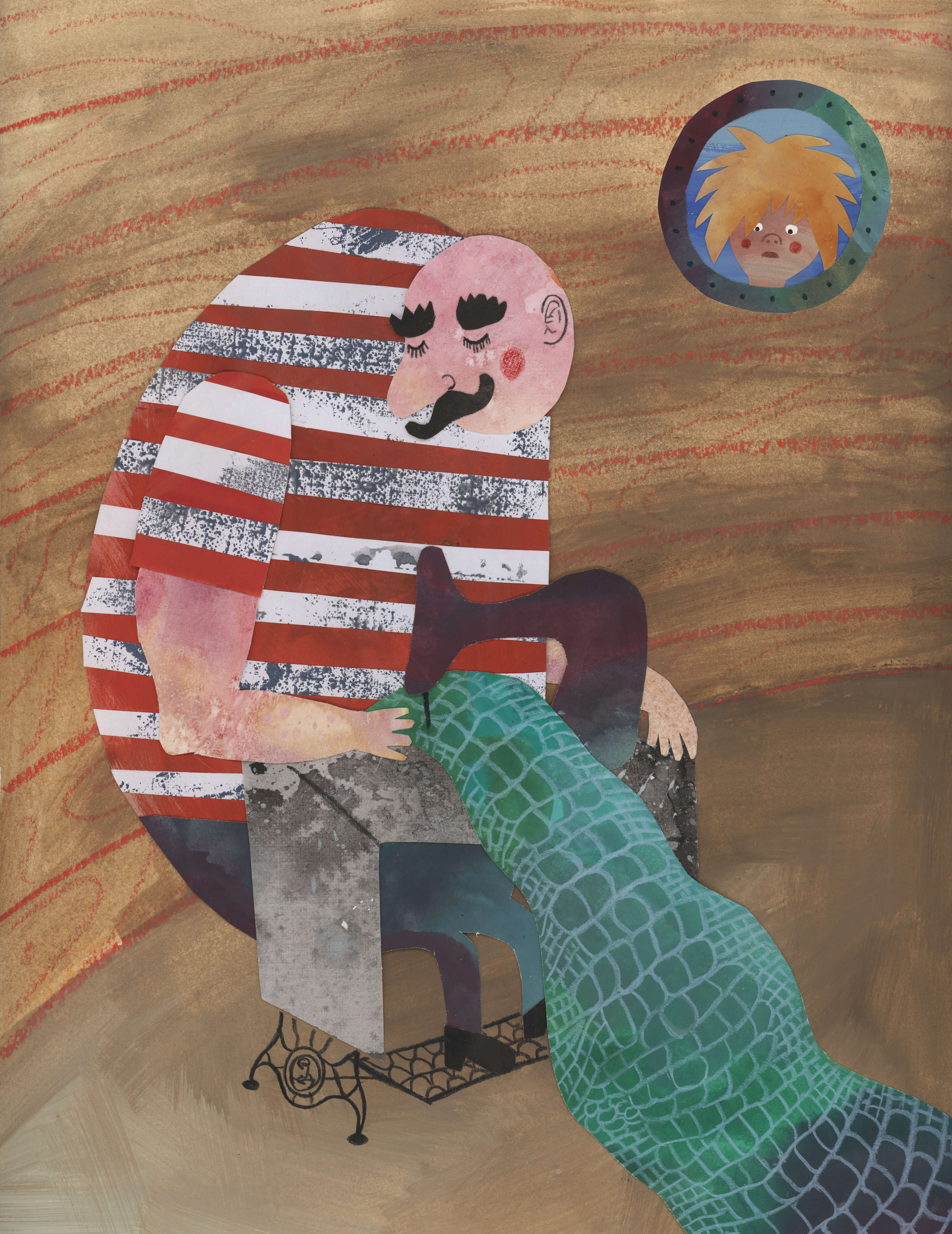 Smee sewing crocodile skin