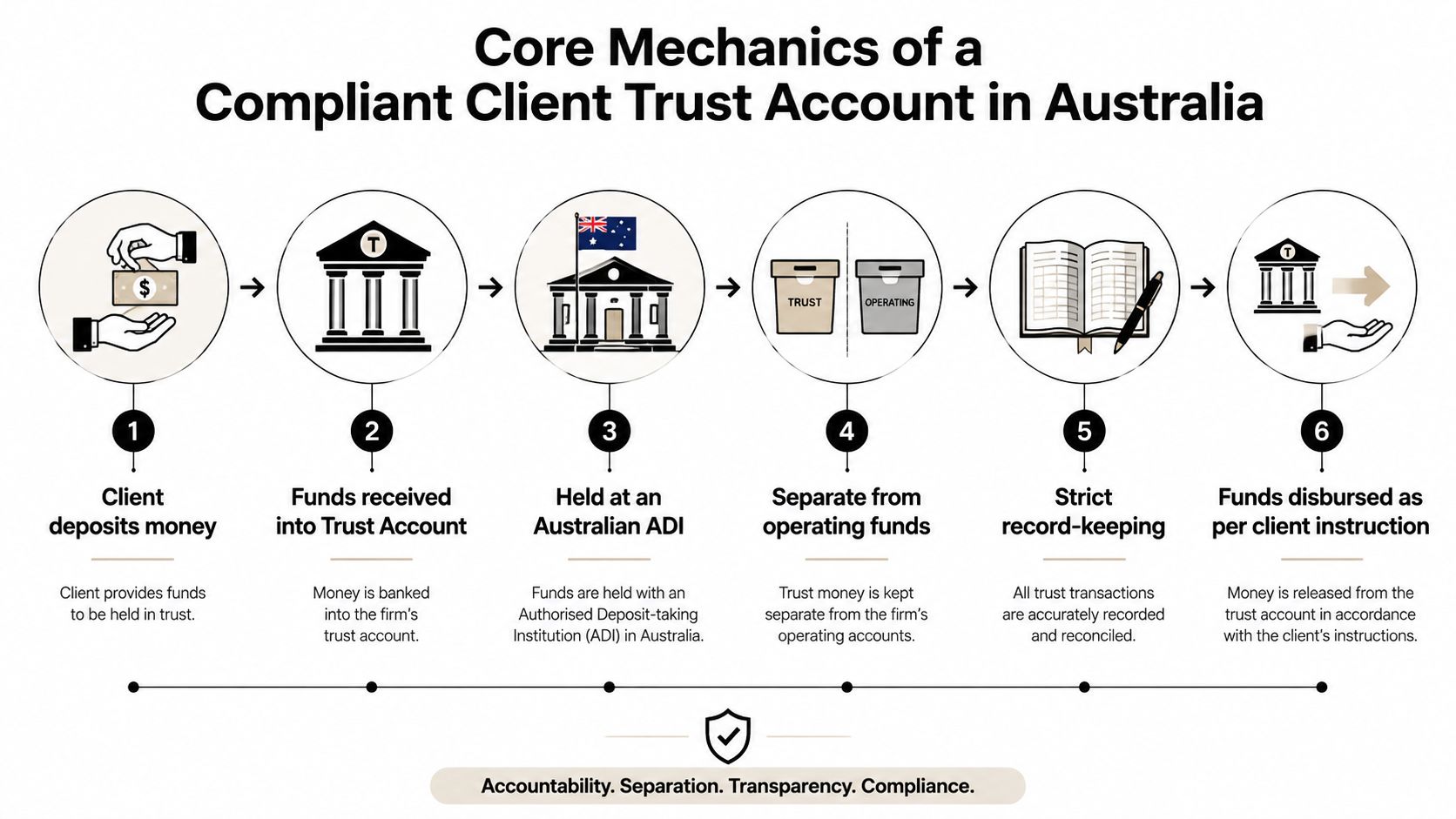 A six-step infographic detailing the core mechanics and compliance process of managing client trust accounts in Australia.