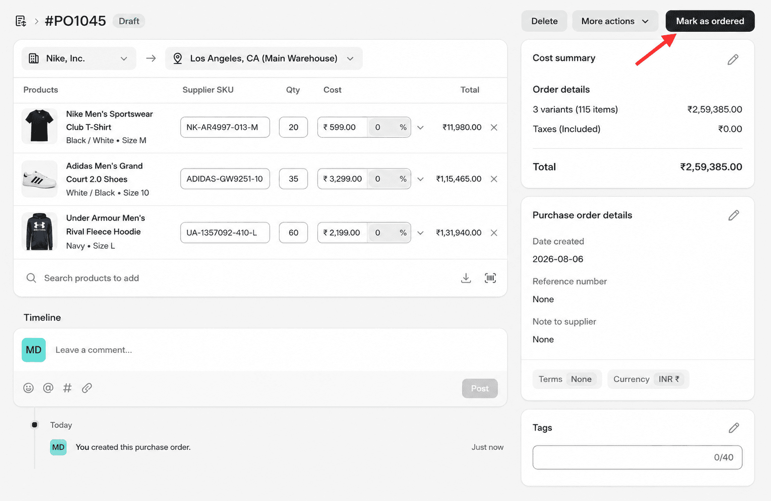 mark as ordered in shopify