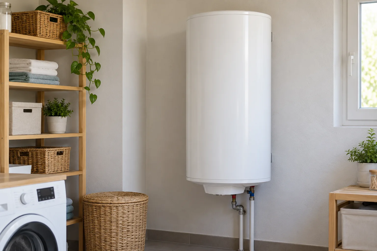 Un chauffe-eau électrique cylindrique blanc fixé au mur d’une buanderie lumineuse.