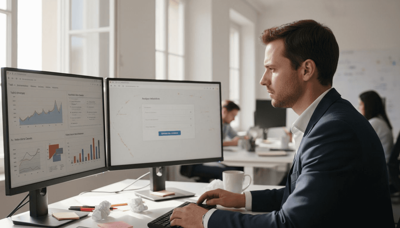 Un homme au bureau réfléchit aux différences entre le référencement naturel sur Google et l'intelligence artificielle.