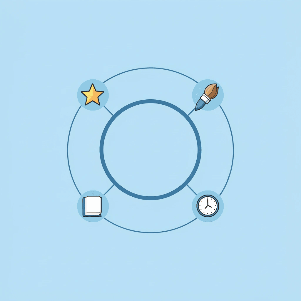 Central hub showing weekly themes connected to five curriculum areas: literacy, math, science, art, and social skills
