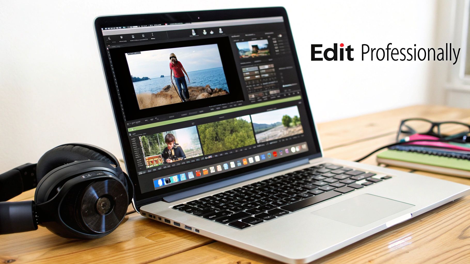 Professional video editing on a Mac laptop with headphones and notebooks on a wooden table.