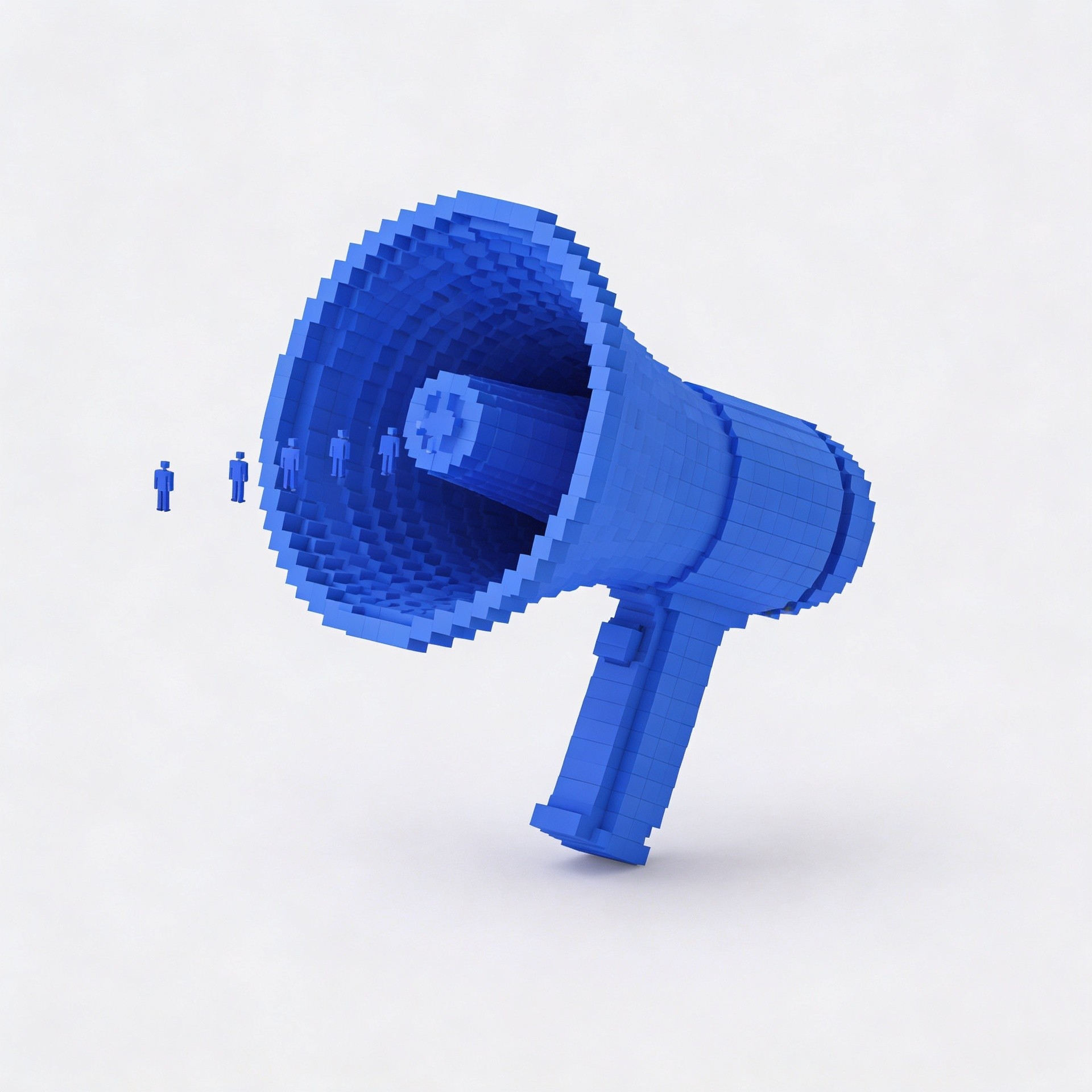 Blue voxel megaphone symbolizing building an audience around content