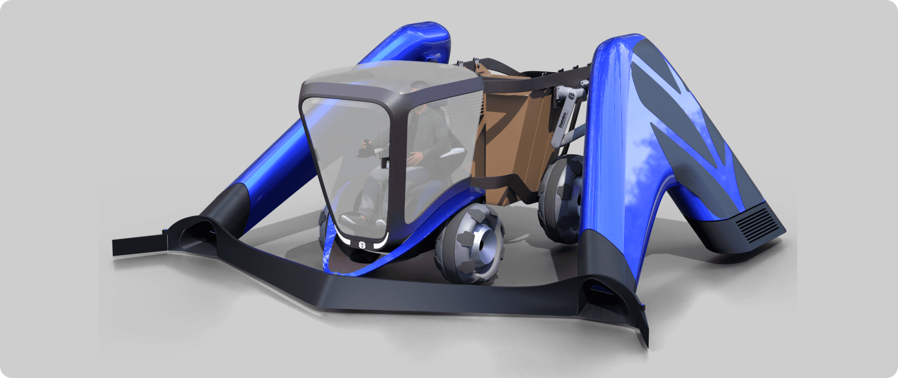 A studio front view render of skeleton design  of DUMBO-A Hazelnut Harvster done in blender.