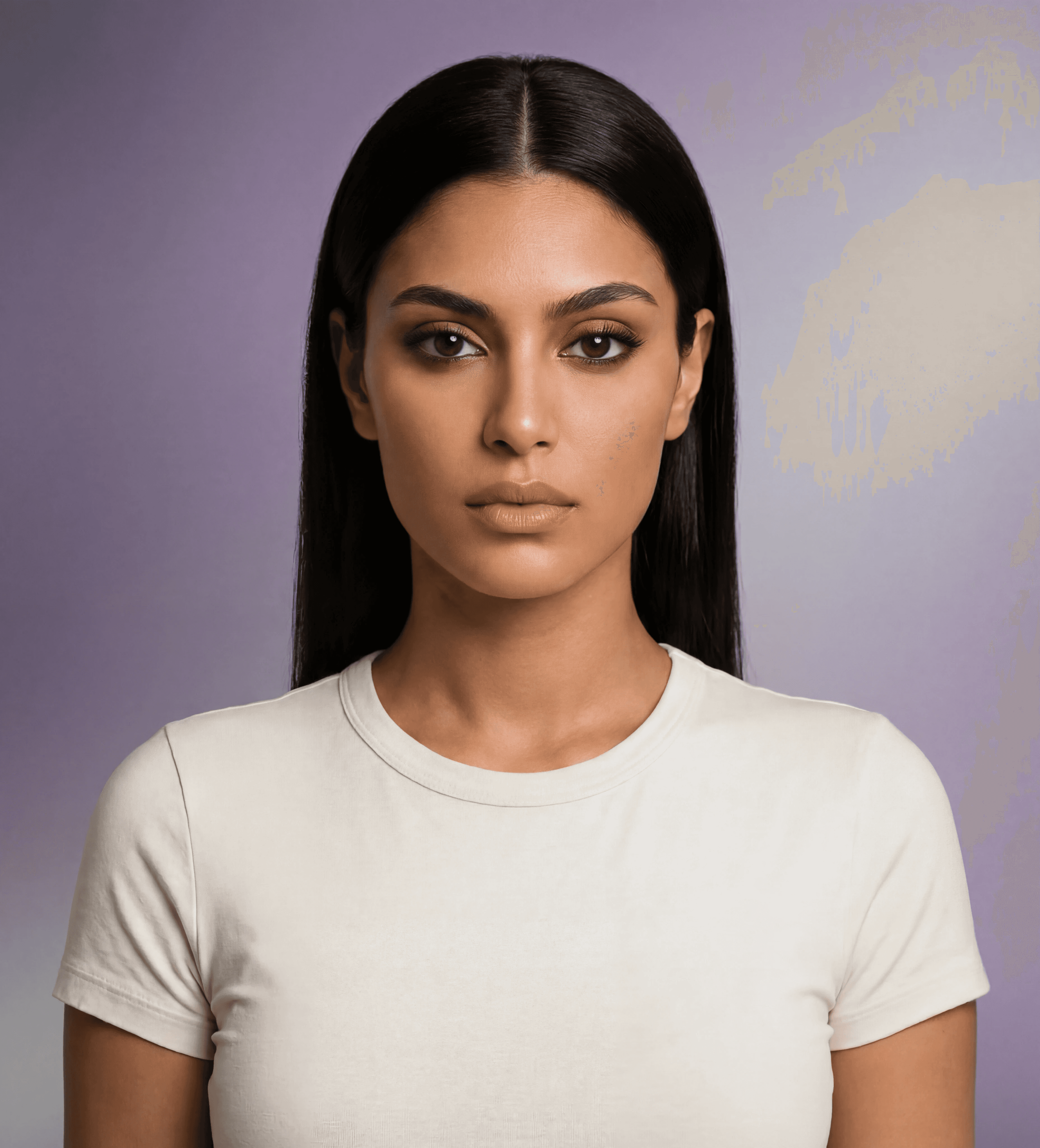 Layla Al-Masri AI model portrait, dark straight hair, clean studio look, Gemzy AI jewelry studio