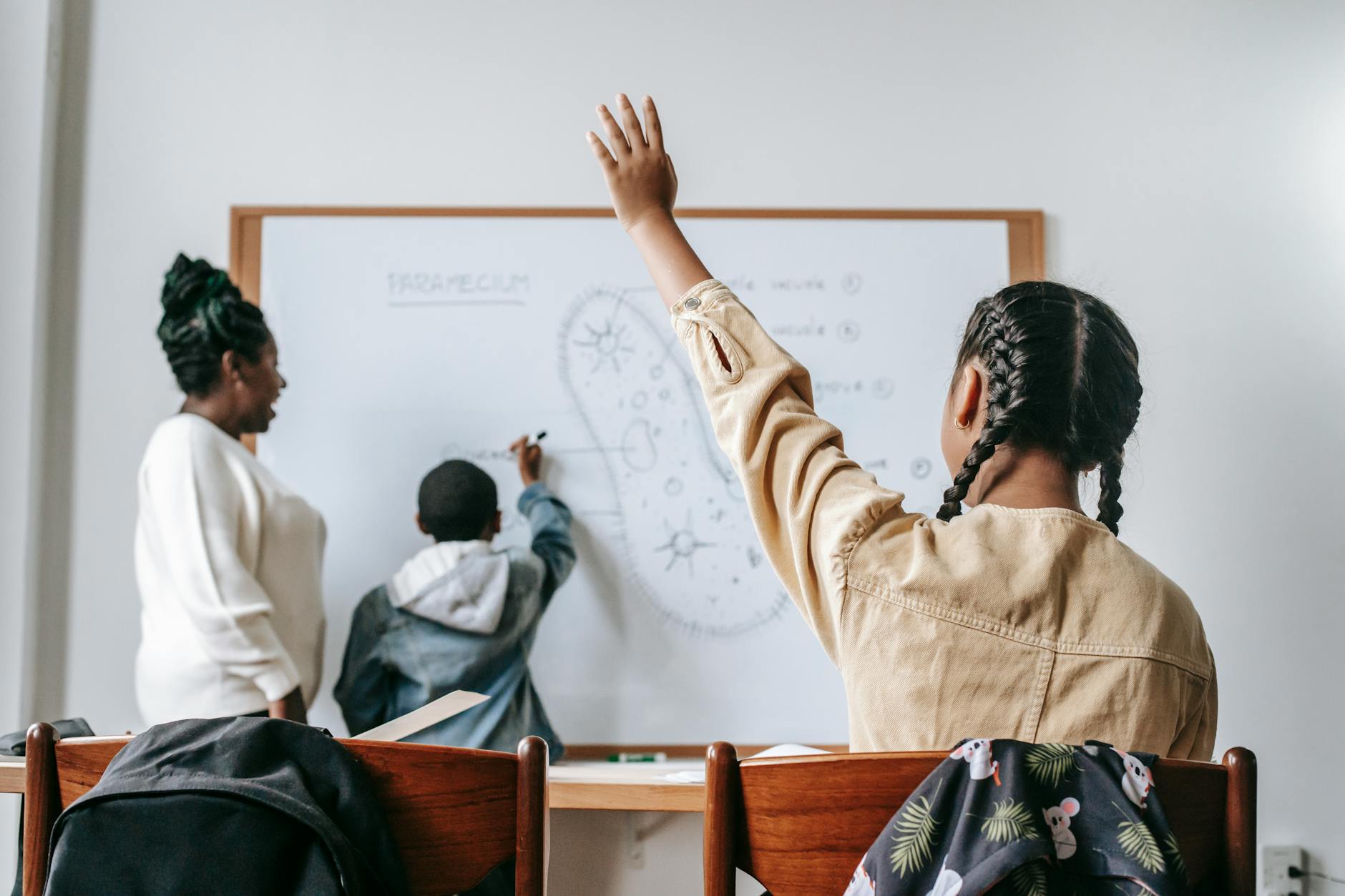 Close-up of a science teacher pointing to complex chemical formulas on a large classroom whiteboard.