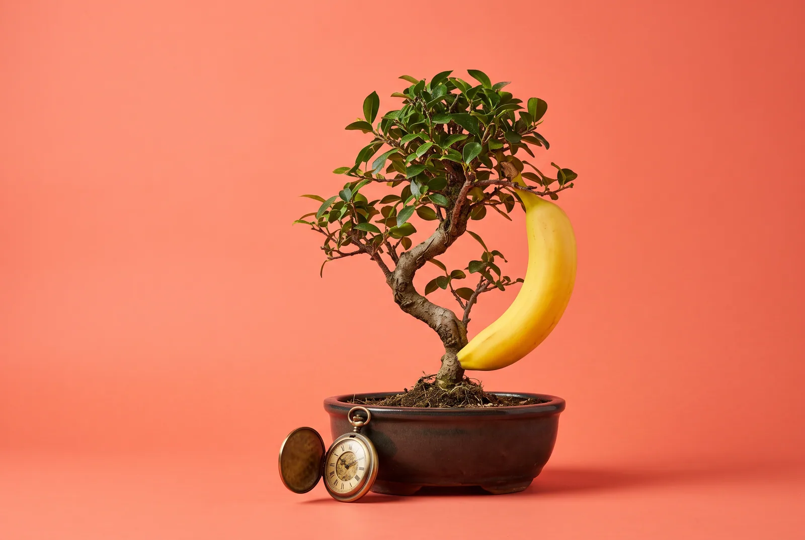 A bonsai tree with one banana hanging from it beside a pocket watch, a BrainBuddy review for QUITTR vs BrainBuddy