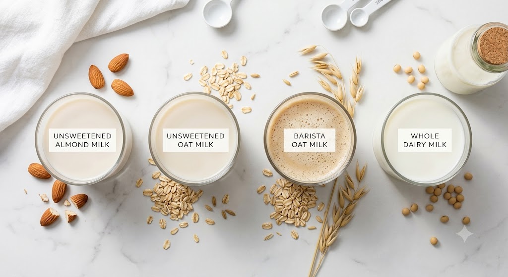 An overhead flat lay photograph comparing four glasses of milk on a white marble countertop: Unsweetened Almond Milk (with almonds), Unsweetened Oat Milk (with rolled oats), Barista Oat Milk (foamed, with oat stalks), and Whole Dairy Milk (with a small milk bottle and soy beans).