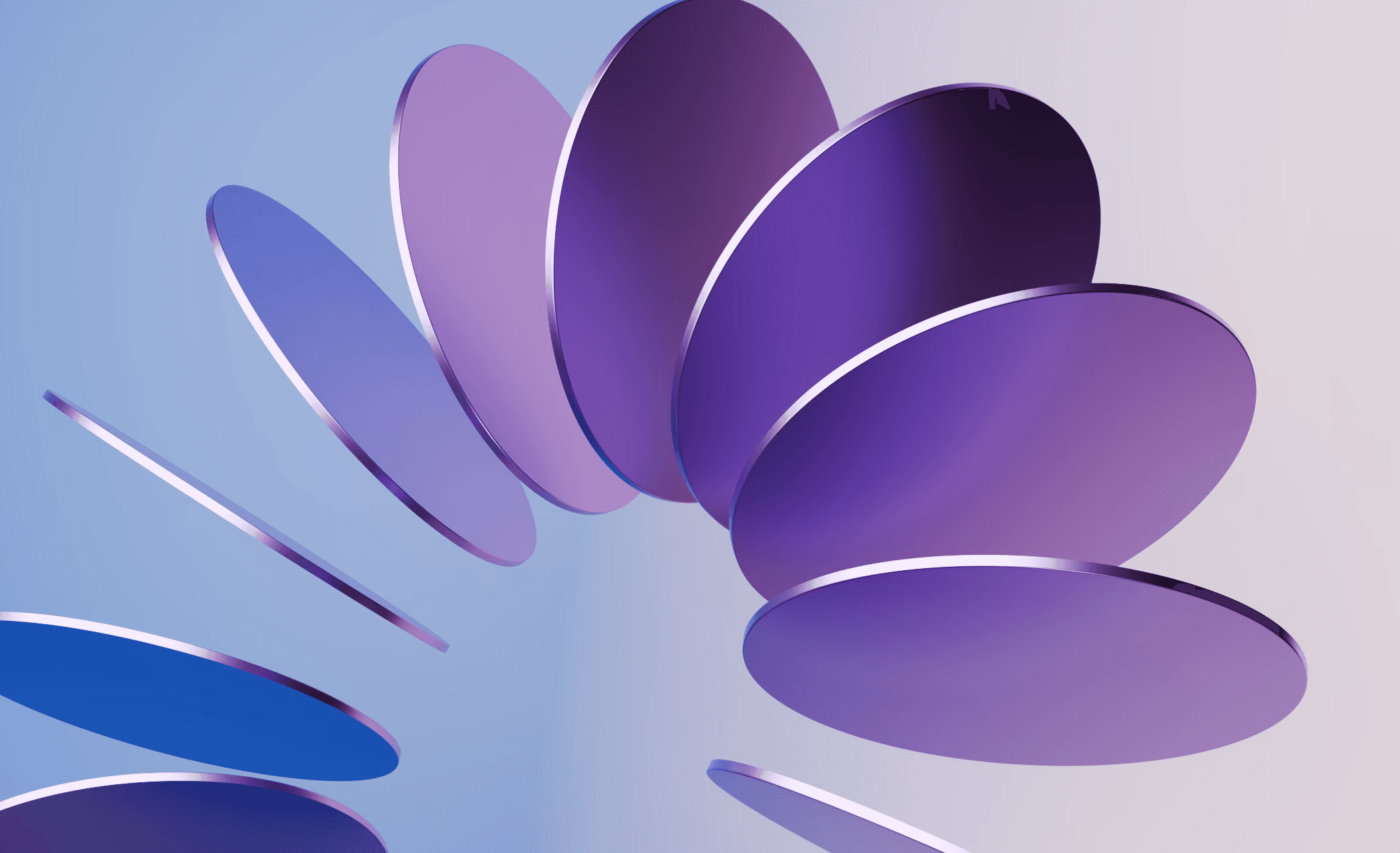 Abstract 3D composition of layered, floating oval shapes in purple and blue tones.