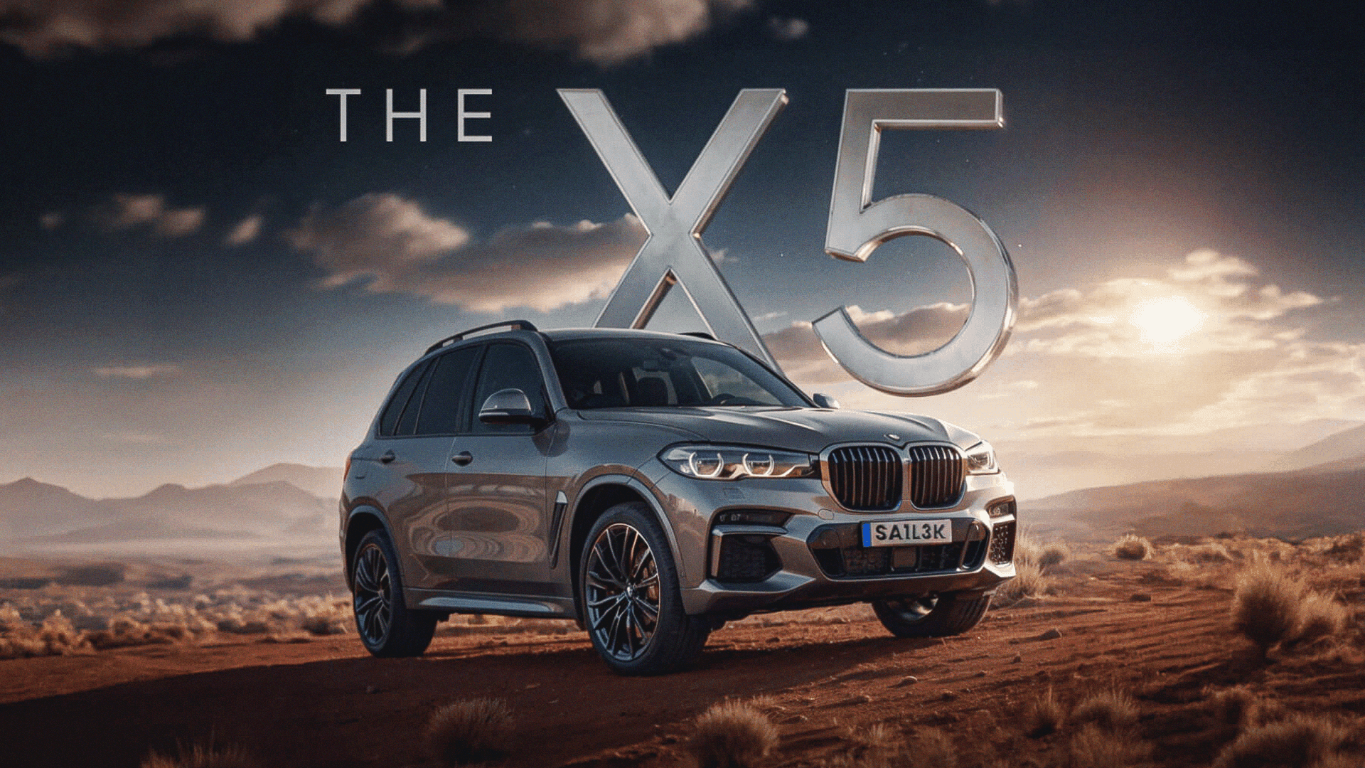 The silver BMW X5 luxury SUV poses on a rocky, desert terrain with a dramatic sunset sky in the background.