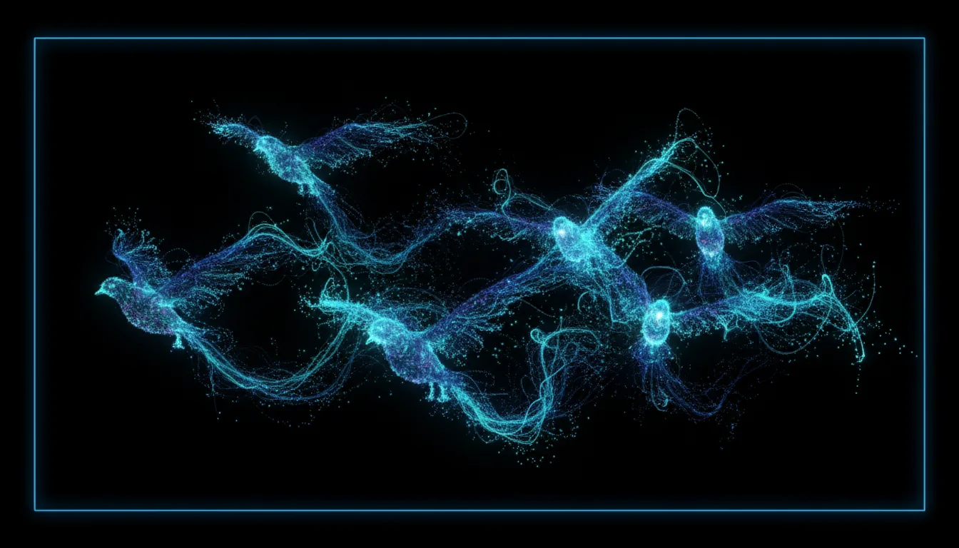 3D Render of an ethereal swarm of glowing particles, forming abstract, bird-like shapes in fluid motion, representing a creative metaverse concept. The scene features intricate, bioluminescent light trails in a color palette of vibrant cyan, turquoise, and deep blue, set against a solid black background for high contrast. The particles create wisps of digital smoke and dense fiber-optic-like strands, with soft, volumetric, emissive lighting. The entire composition is enclosed by a thin, glowing blue frame with rounded corners.