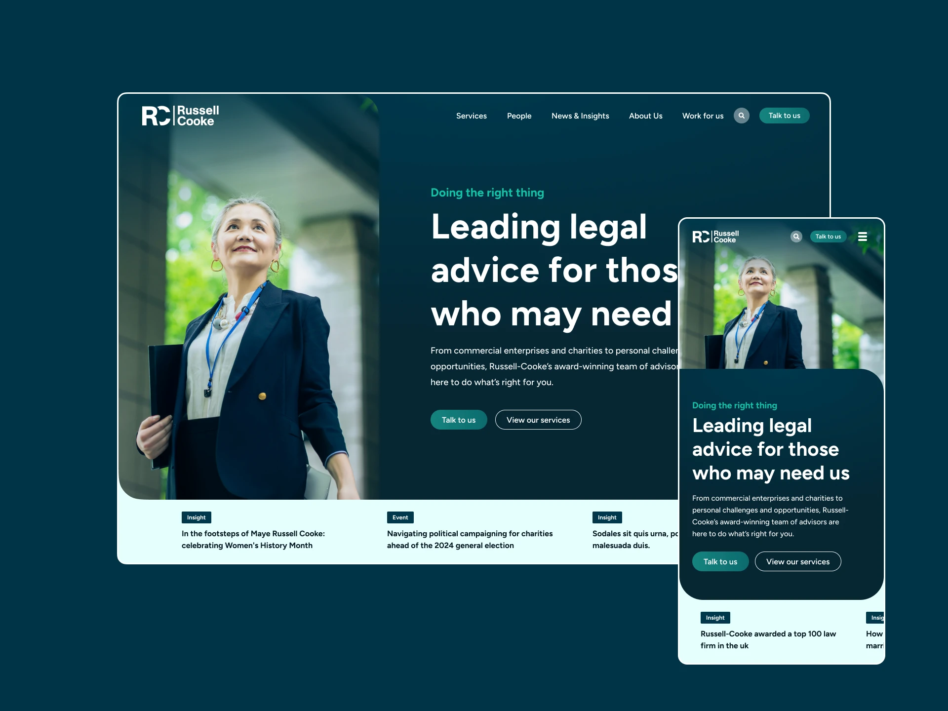 Russell-Cooke redesigned website by Cogworks – homepage in desktop and mobile