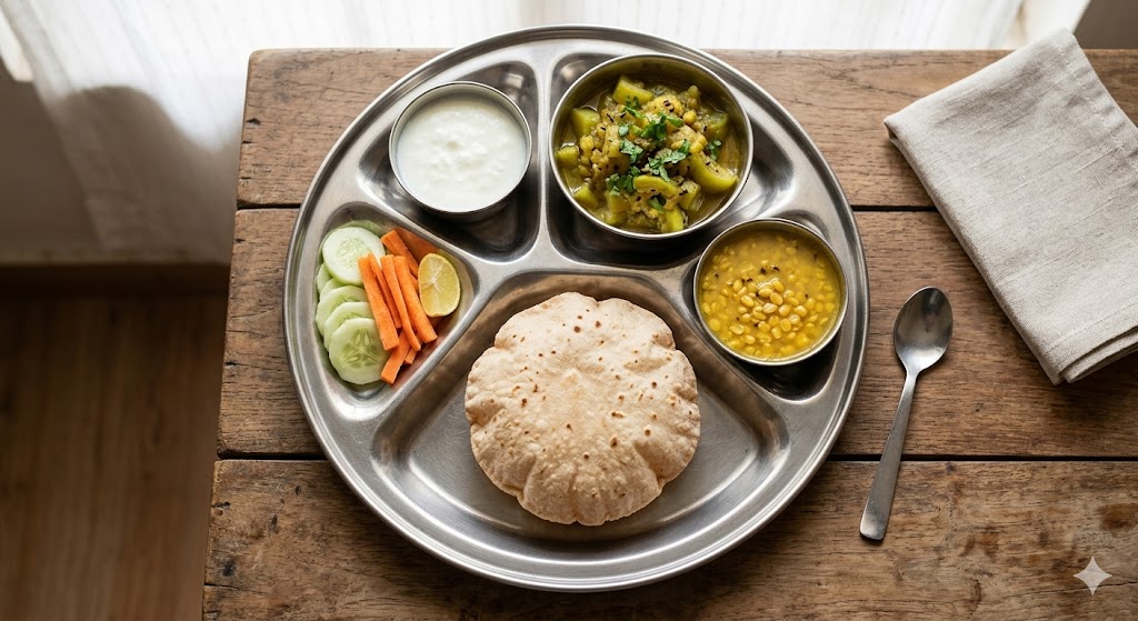 An overhead photograph of a healthy, portion-controlled Indian vegetarian thali served on a traditional stainless steel plate on a rustic wooden table. The meal includes a whole wheat roti, a bowl of bottle gourd (lauki) sabzi, a yellow lentil dal, a cucumber and carrot salad with lime, and plain curd, offering a balanced home-style diet plan for weight loss.
