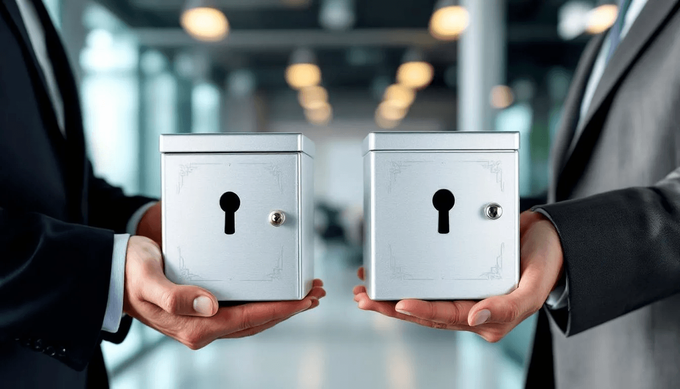 The image depicts two individuals exchanging locked boxes, symbolizing a secure key exchange process. This represents the concept of public key cryptography, where each person holds a private key corresponding to a public key, ensuring that only the intended recipient can access the sensitive data inside.
