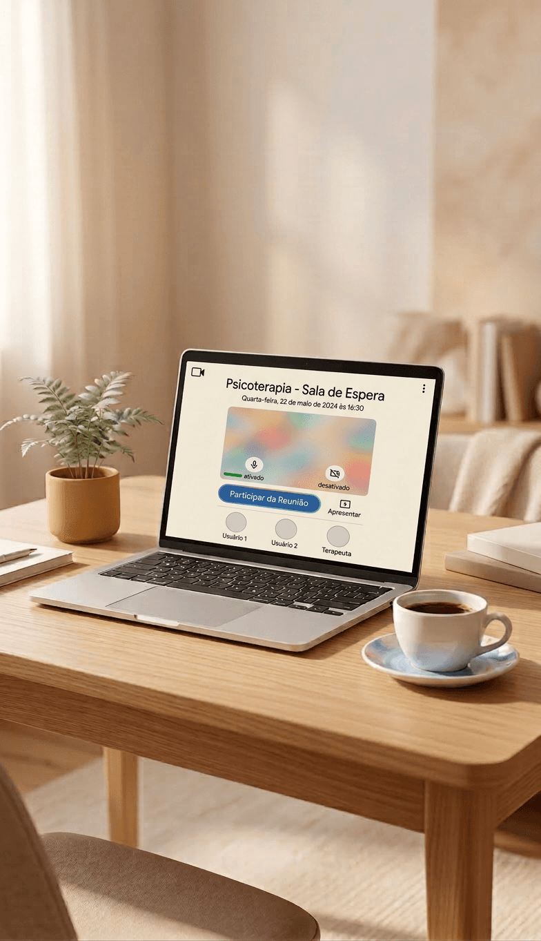 A circle of people sitting cross-legged, meditating with hands in a prayer position. Soft, warm lighting.