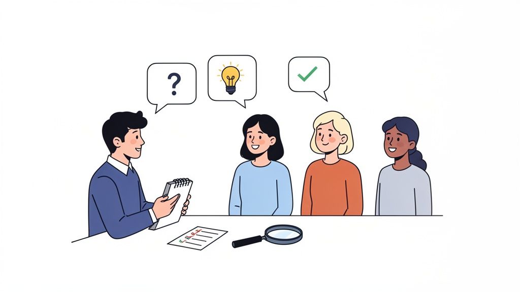 A man interviews three women; thought bubbles represent questions, ideas, and confirmed solutions.