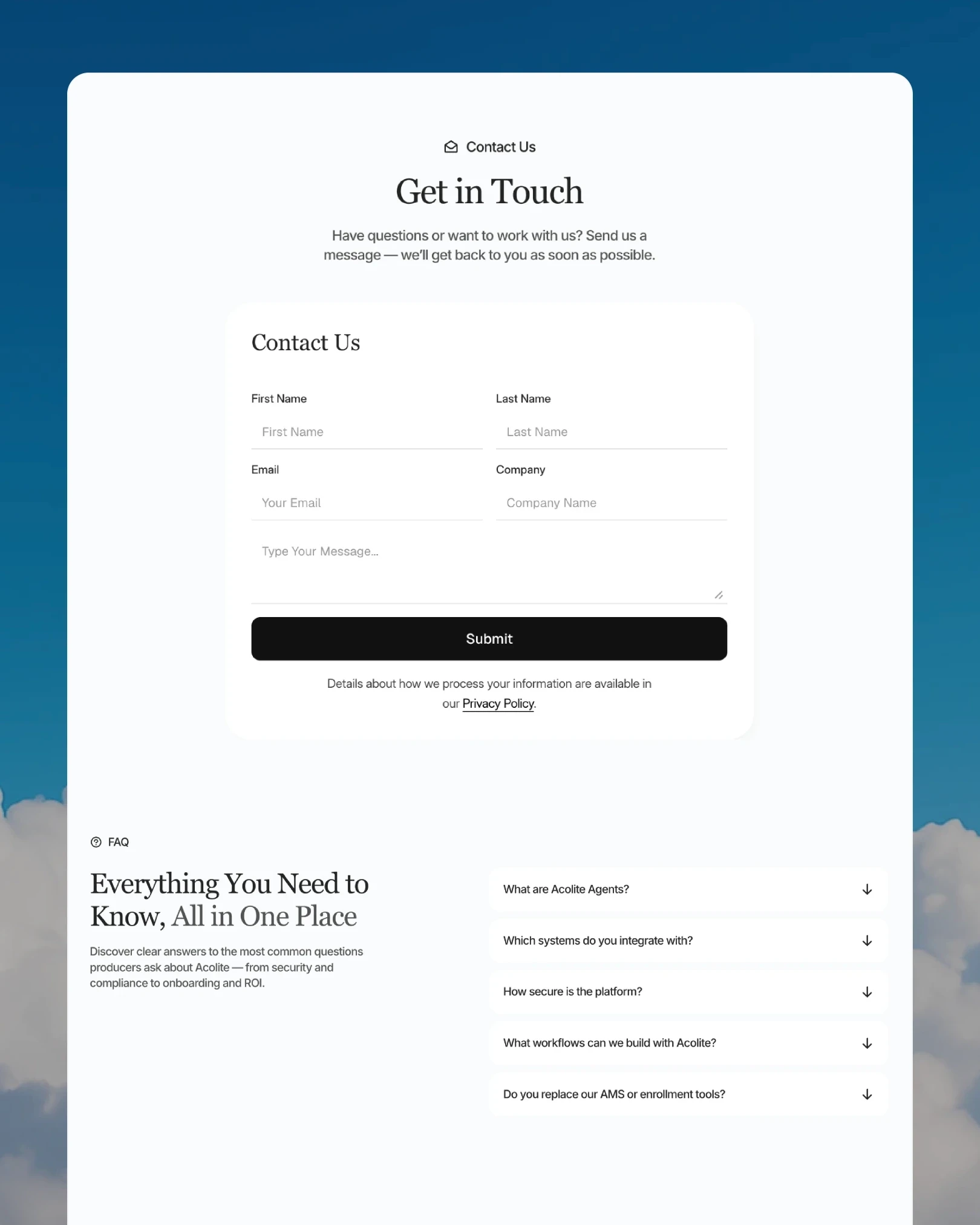 Acolite contact form and insurance FAQ section, light layout — web design by Luna UI design studio