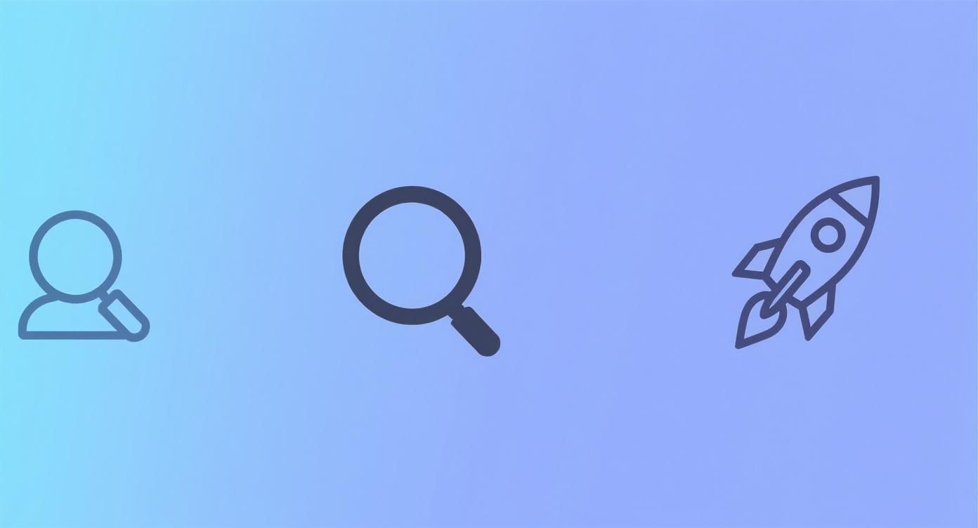 Drie pictogrammen voor social media strategie: gebruikersprofiel, zoekfunctie en raket symbool voor groei
