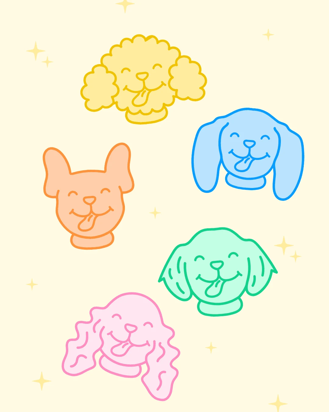 Illustrations de chiens réalisées par Coralie De Almeida, bouledogue français, teckel, cocker, golden retriever, caniche