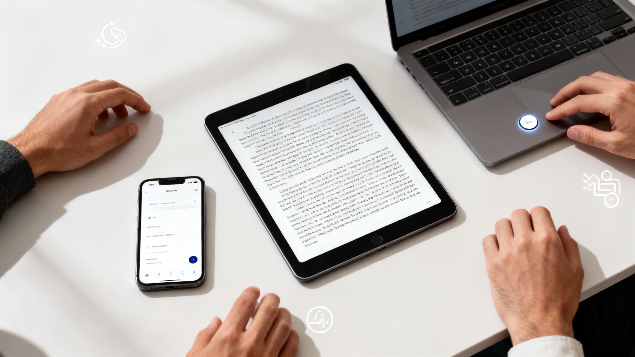 Flat lay of two people's hands using a laptop, tablet, and smartphone on a desk.
