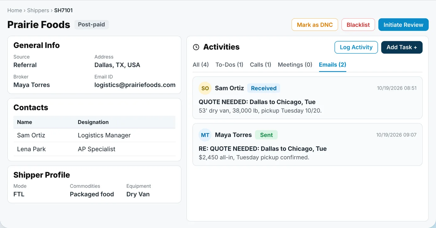 UltraShip CRM screen: Every email, call and task on the shipper