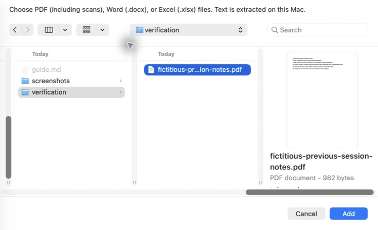 The Add Files chooser with a fictitious previous-session PDF selected.