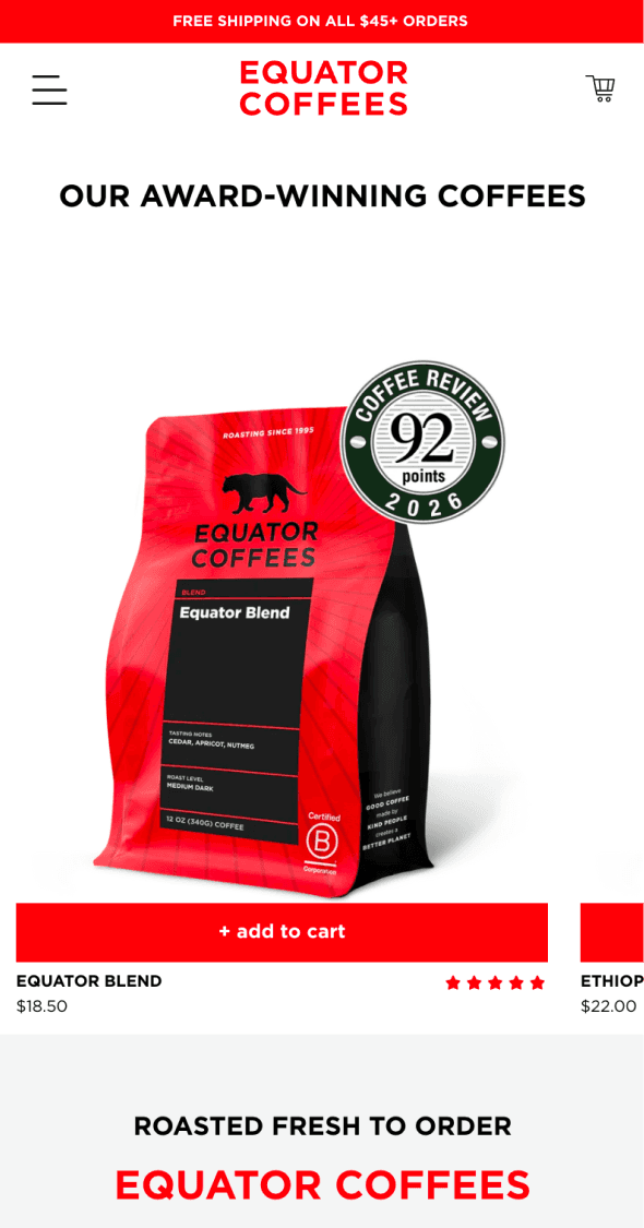Mobile Shopify product page for Equator Coffees highlighting single coffee product and details