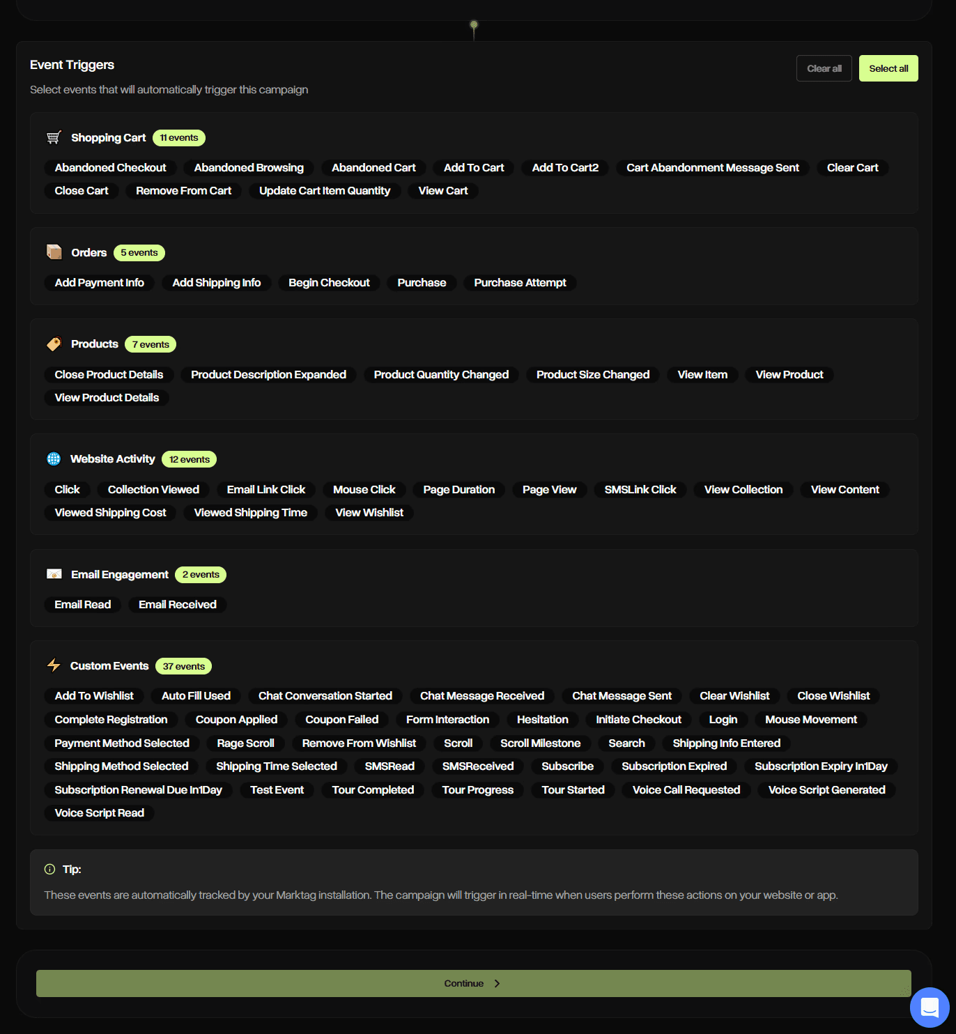 Built-in events in an SMS marketing automation platform, Markopolo AI