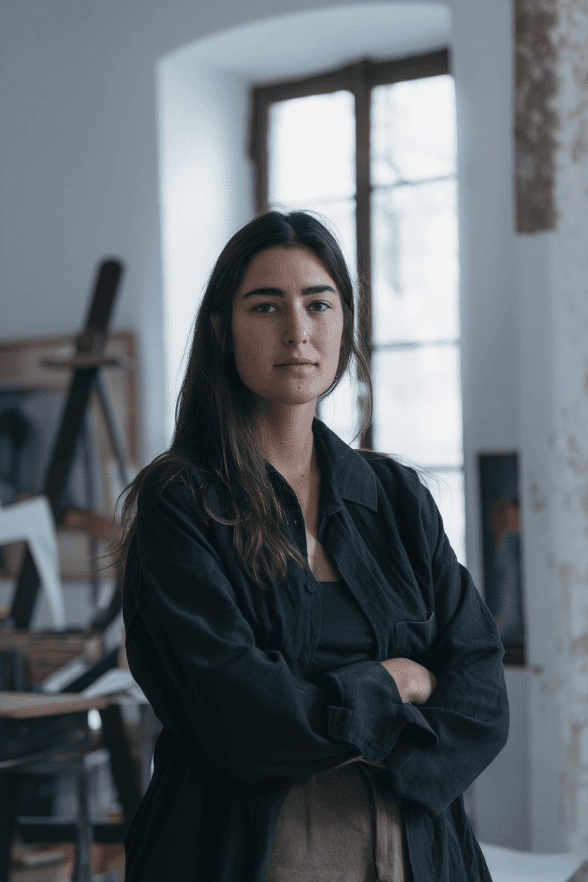 A person stands confidently in a stylish, neutral-toned outfit in a well-lit art studio, surrounded by architectural sketches and design materials on a cluttered desk with a large window offering a view of misty mountains in the background.