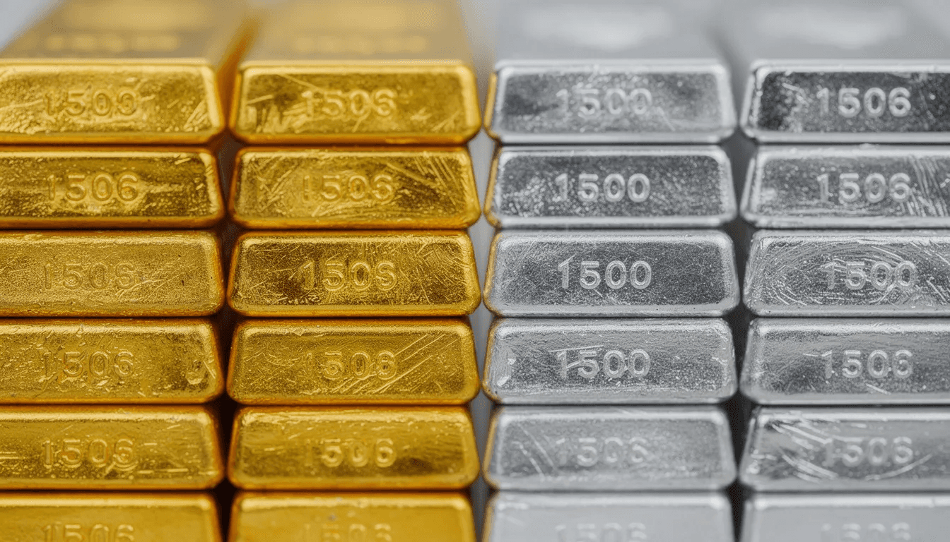 A close-up photograph showcases gold and silver bullion bars stacked side by side, highlighting their contrasting colors—gold's rich yellow hue and silver's bright metallic sheen. This image emphasizes the allure of precious metals as investment options, particularly in the context of fluctuating silver prices and the outlook for both gold and silver in today's market.