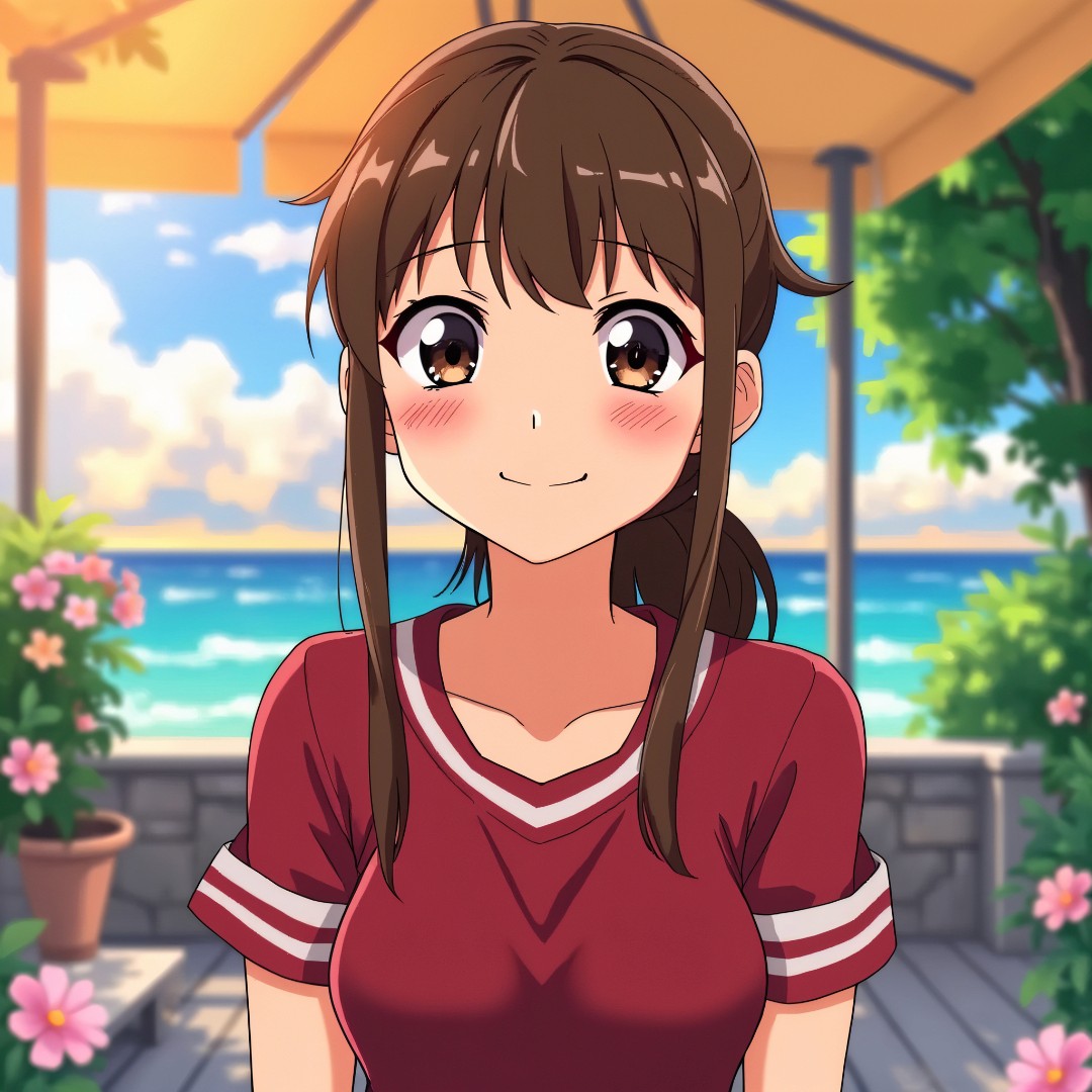 Anime female character standing inside a chalet in front of the beach in a sunny day. Image generated by AI. 