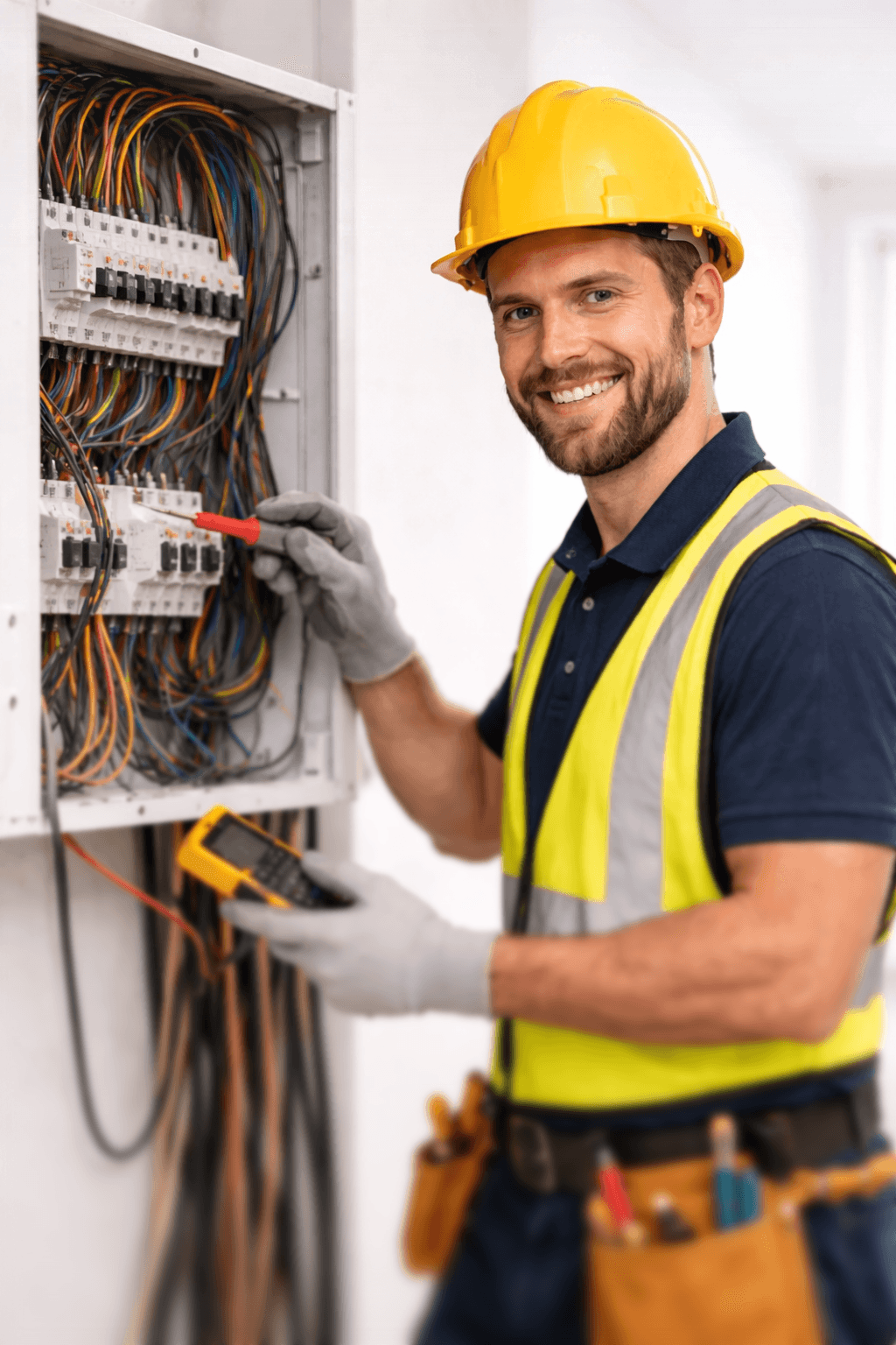 An electrician wearing a yellow hard hat