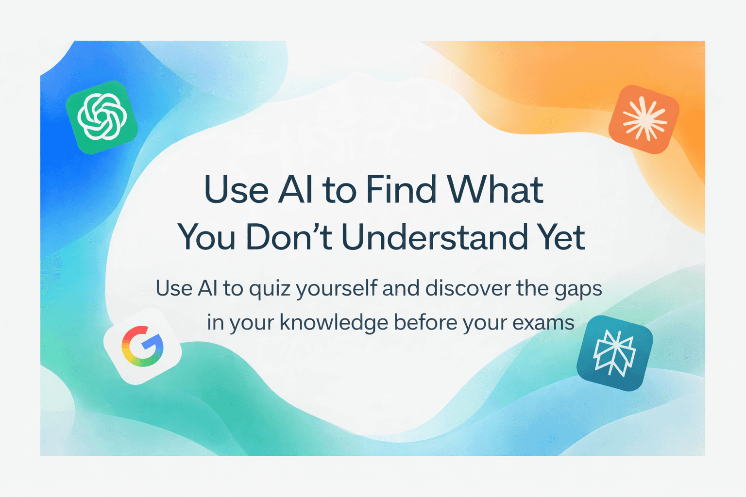 AI study graphic showing how to quiz yourself and find knowledge gaps before exams.