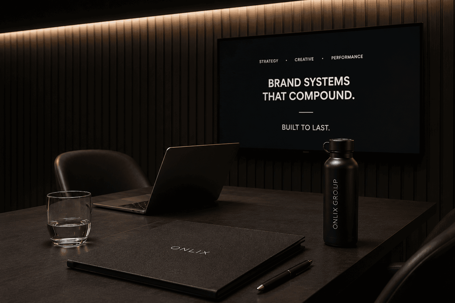 Modern dark conference room representing Onlix Agency creative and performance brand systems