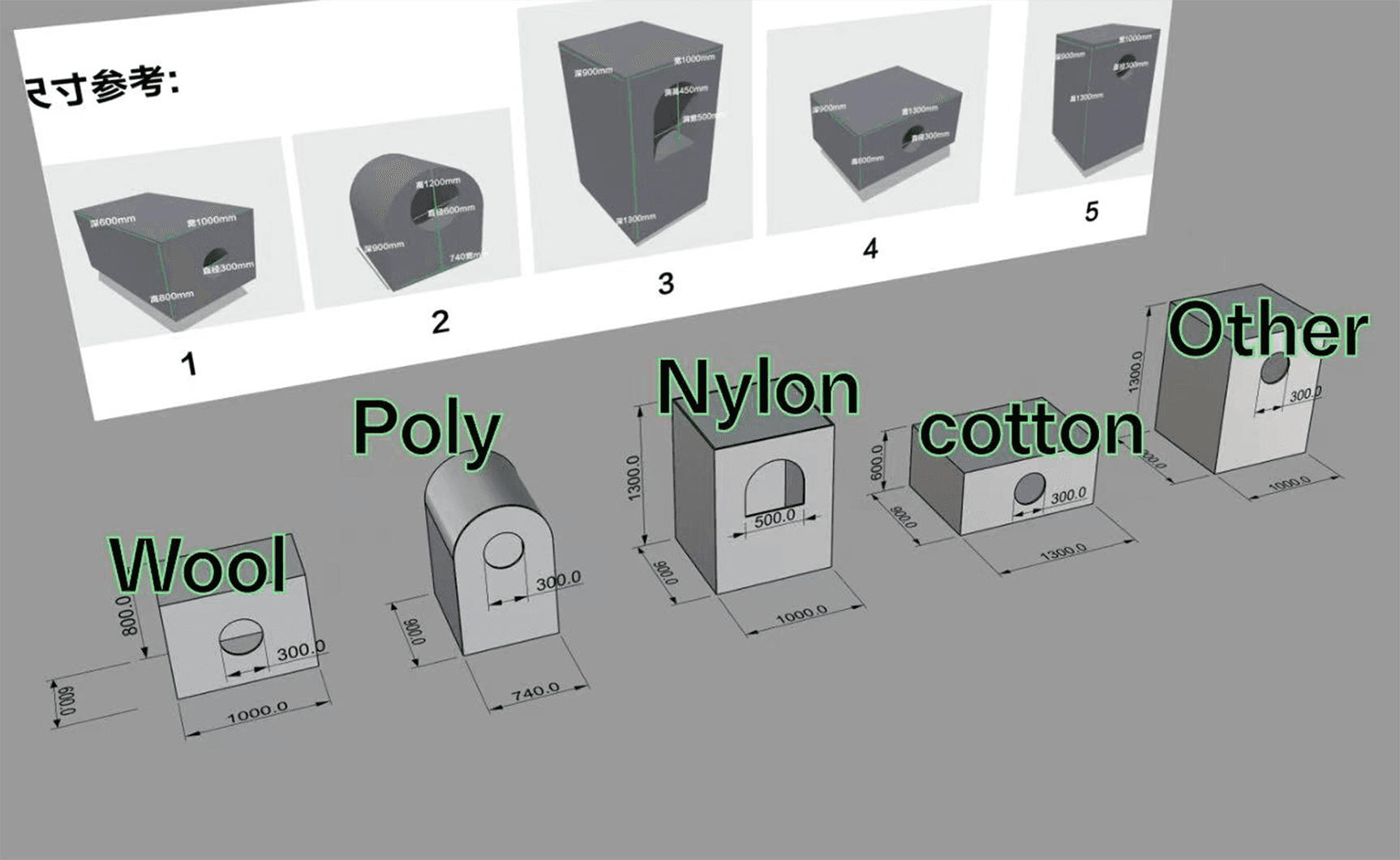 Technical 3D renderings and dimensions for the Ank Ko Rau's project 'GOes Green' of the modular cardboard recycling containers.
