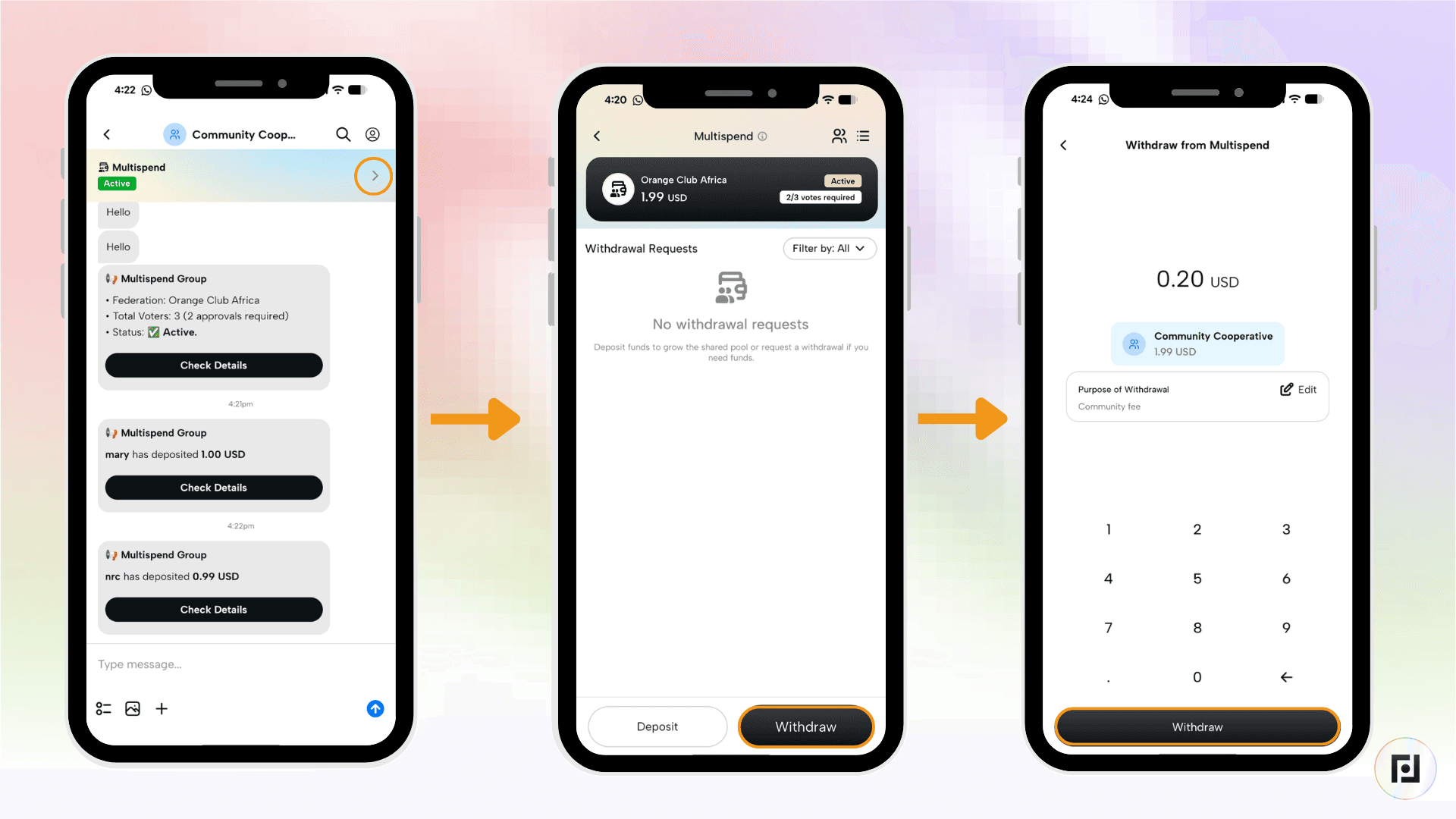 A tela de saques do aplicativo Fedi no Multispend mostra um pedido de saque de 0,20 USD com a taxa da comunidade indicada como motivo do saque