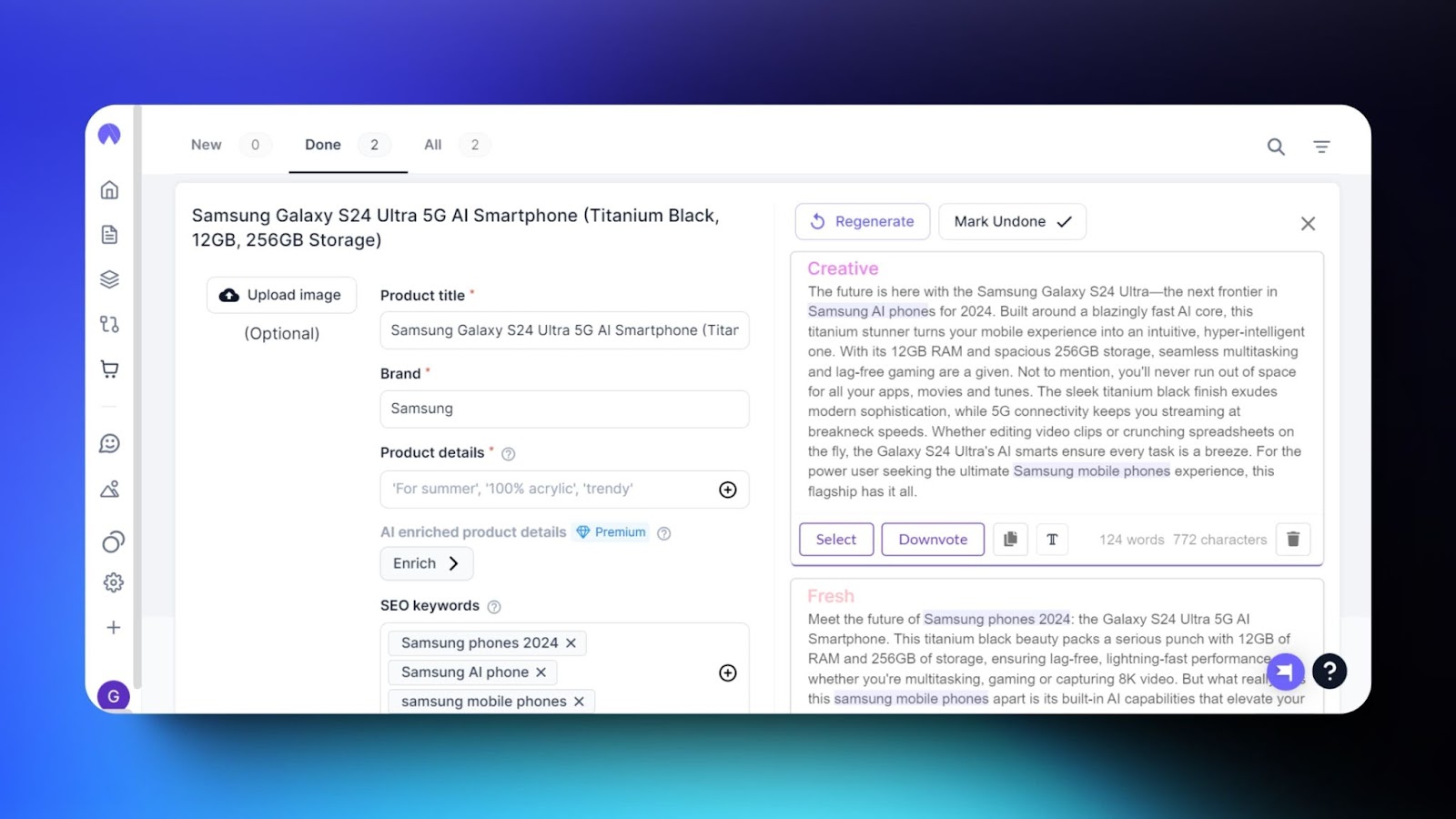 Screenshot of Hypotenuse's product description generator, featuring a detailed description for the Samsung Galaxy S24 Ultra 5G with SEO keywords and creative copy options.