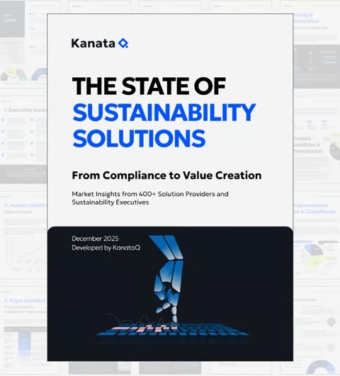 Cover of KanataQ's report 'The State of Sustainability Solutions: From Compliance to Value Creation,' subtitled 'Market Insights from 400+ Solution Providers and Sustainability Executives,' dated December 2025, shown over a faint backdrop of the report's inner pages.