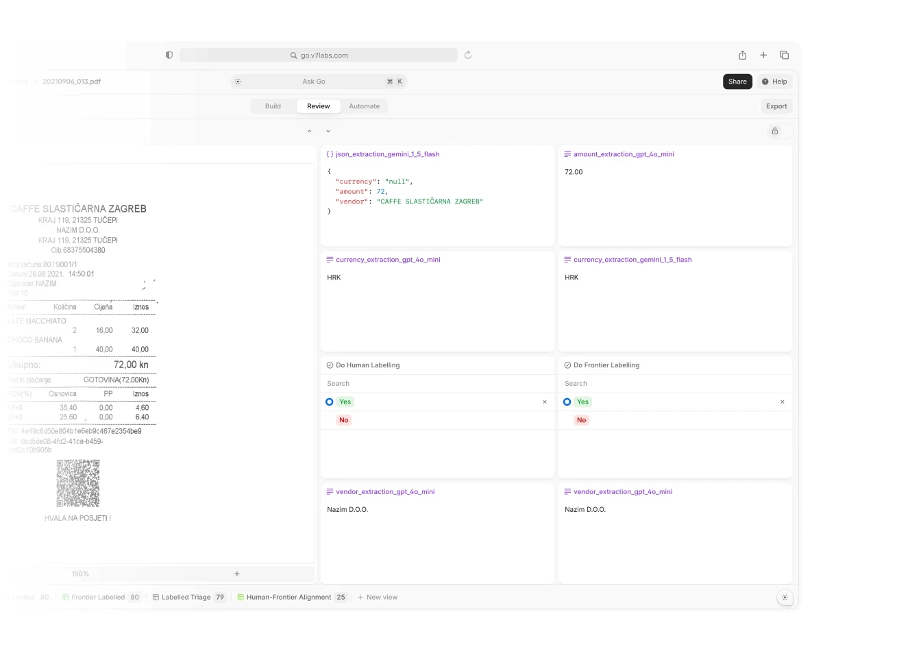 A receipt analysis interface showing extracted data like vendor, amount, and currency with labeled fields and JSON output.