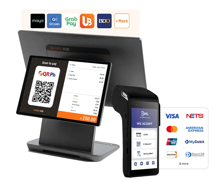 StoreHub BIR-accredited POS terminal with customer-facing display and integrated QR Ph payment terminal for Philippine retail.