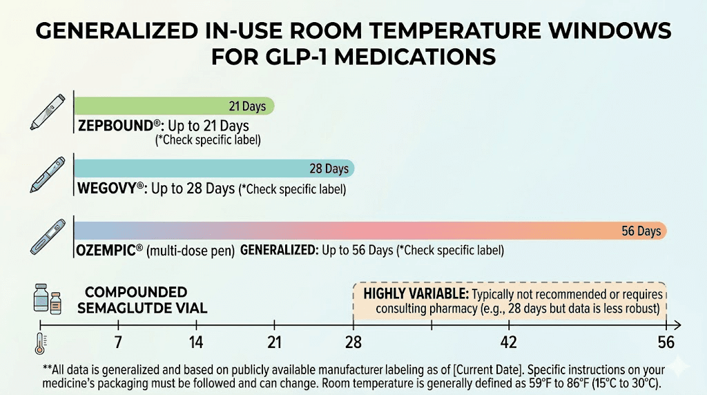 GLP-1 medication room temperature storage timeline comparison
