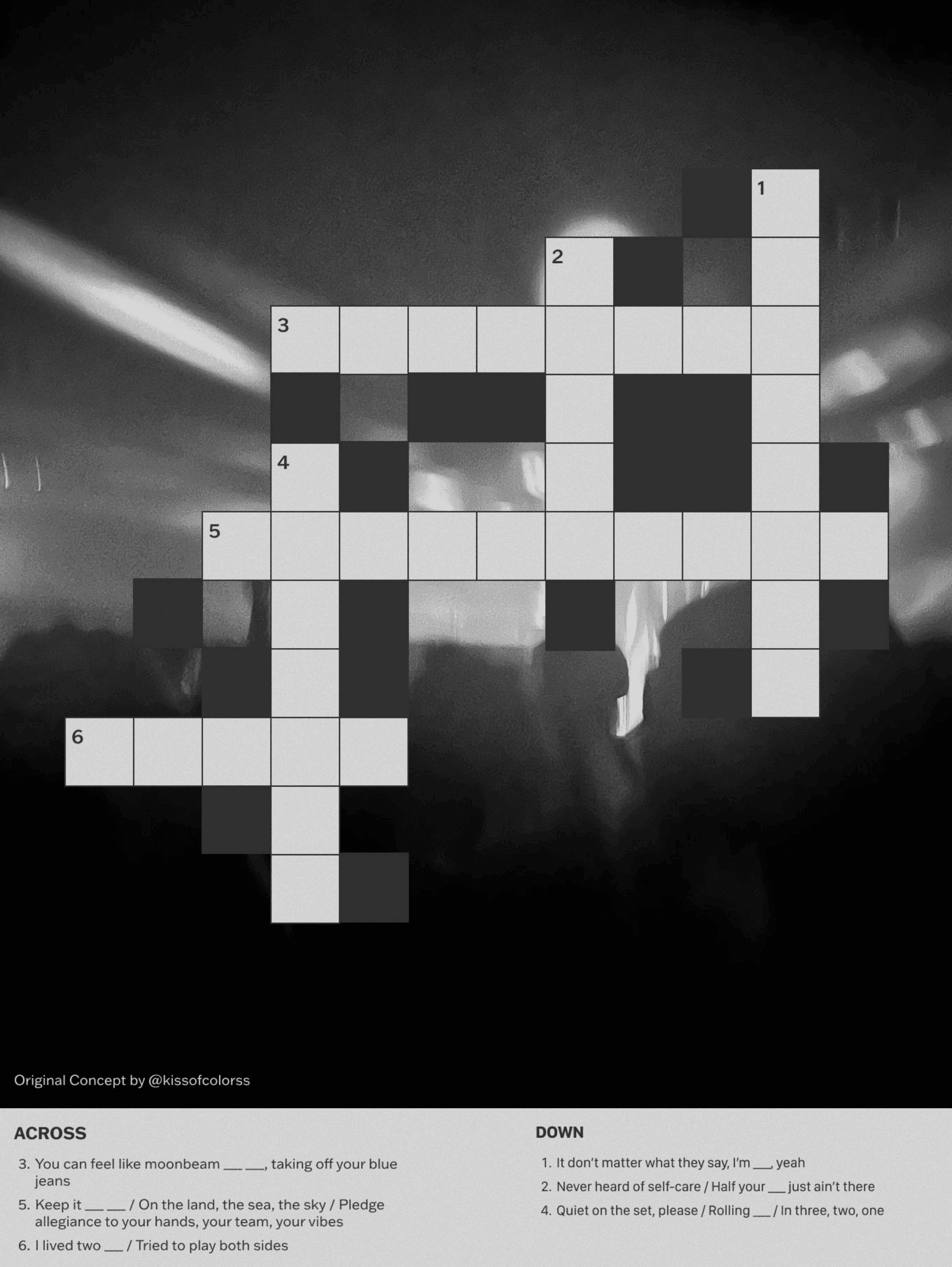 A partially completed crossword over an image of a party.