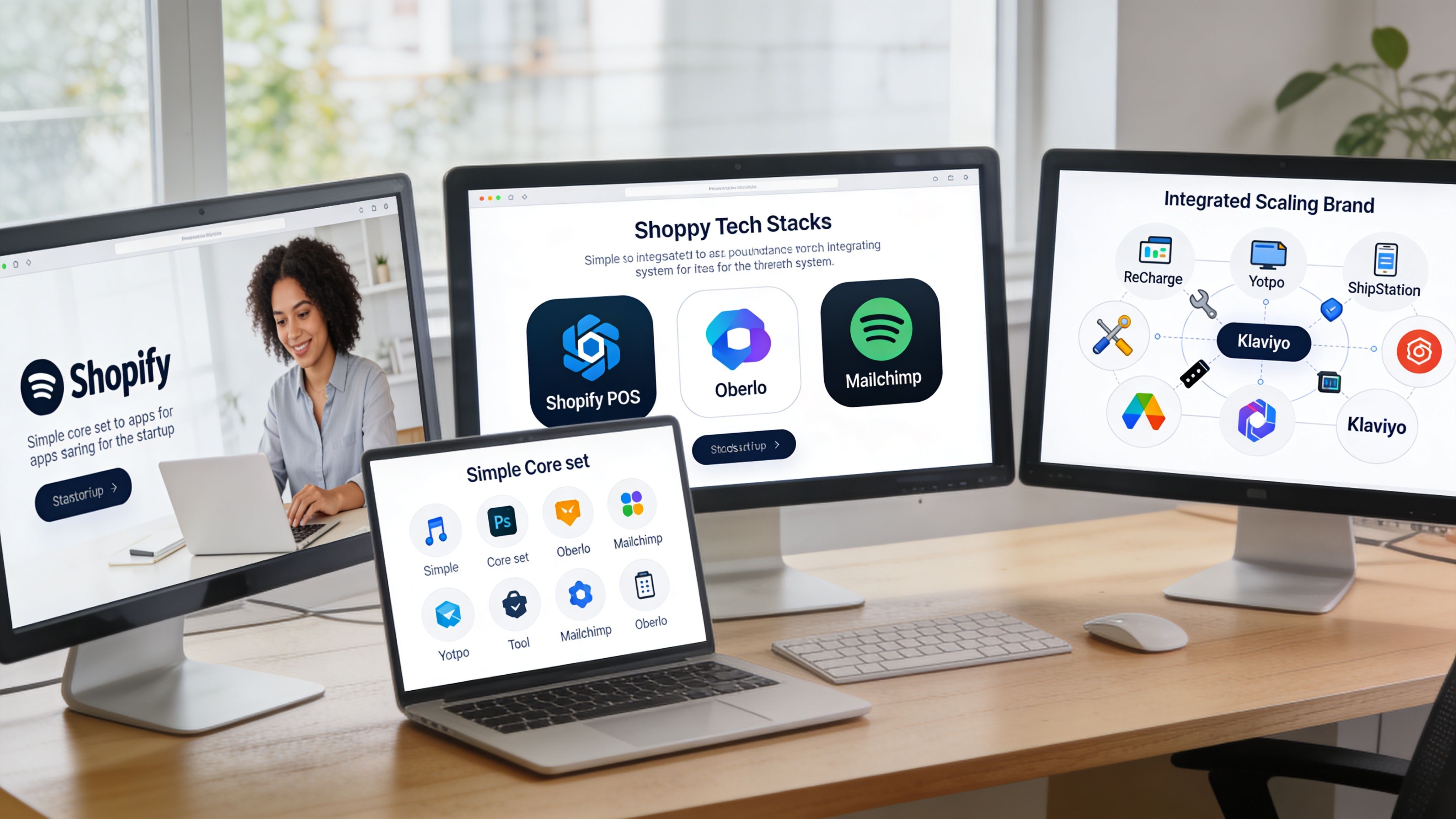 Multiple computer screens and a laptop displaying Shopify ecommerce tech stack integrations for business scaling.