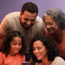 Família reunida olhando o celular