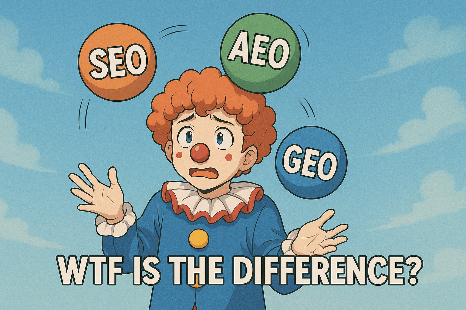 A clown jugging the acronyms "SEO", "GEO", and "AEO"