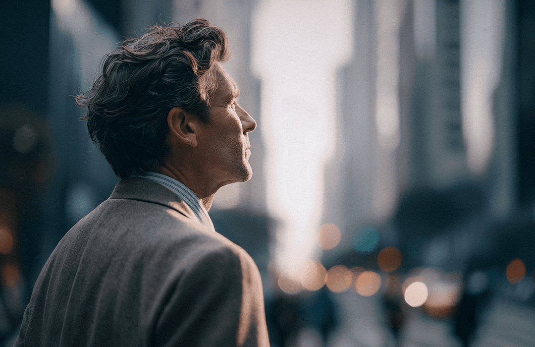Homem de terno visto de costas e perfil, olhando para o horizonte de uma cidade com prédios desfocados ao fundo sob a luz do dia.