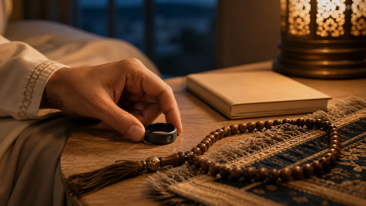 Smart tasbih ring and prayer beads in a quiet prayer corner for gentle dhikr tracking