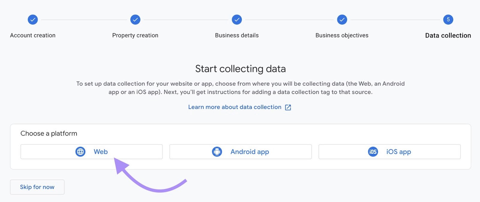 "Web" option selected under "Start collecting data" window