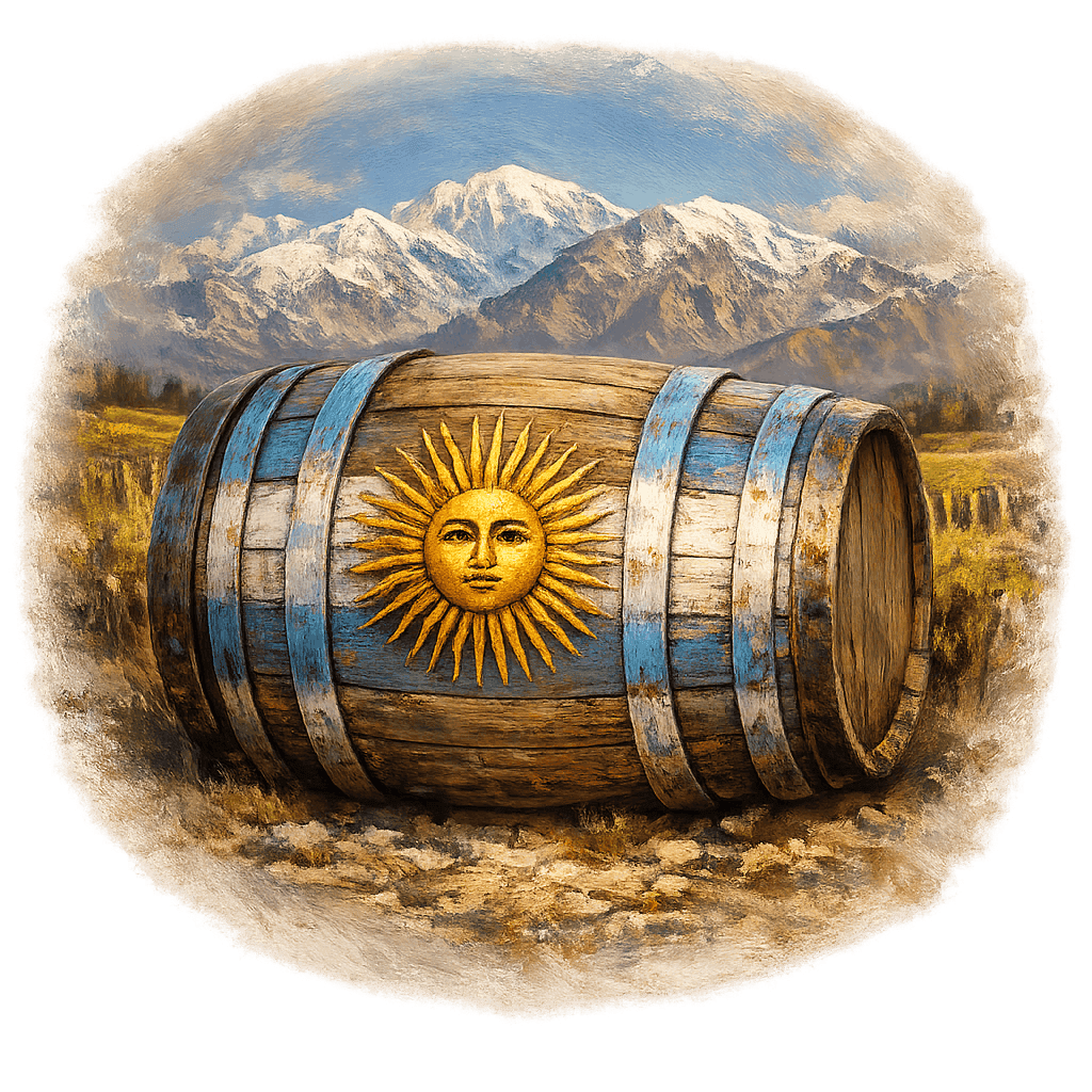 Wine barrel featuring the Argentina national emblem for regional wine education.